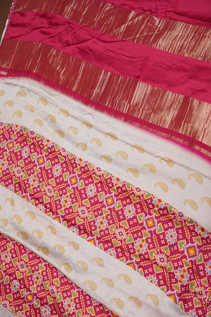 Gajji Silk Saree with Ivory Panels & Raspberry Pink Patola Prints