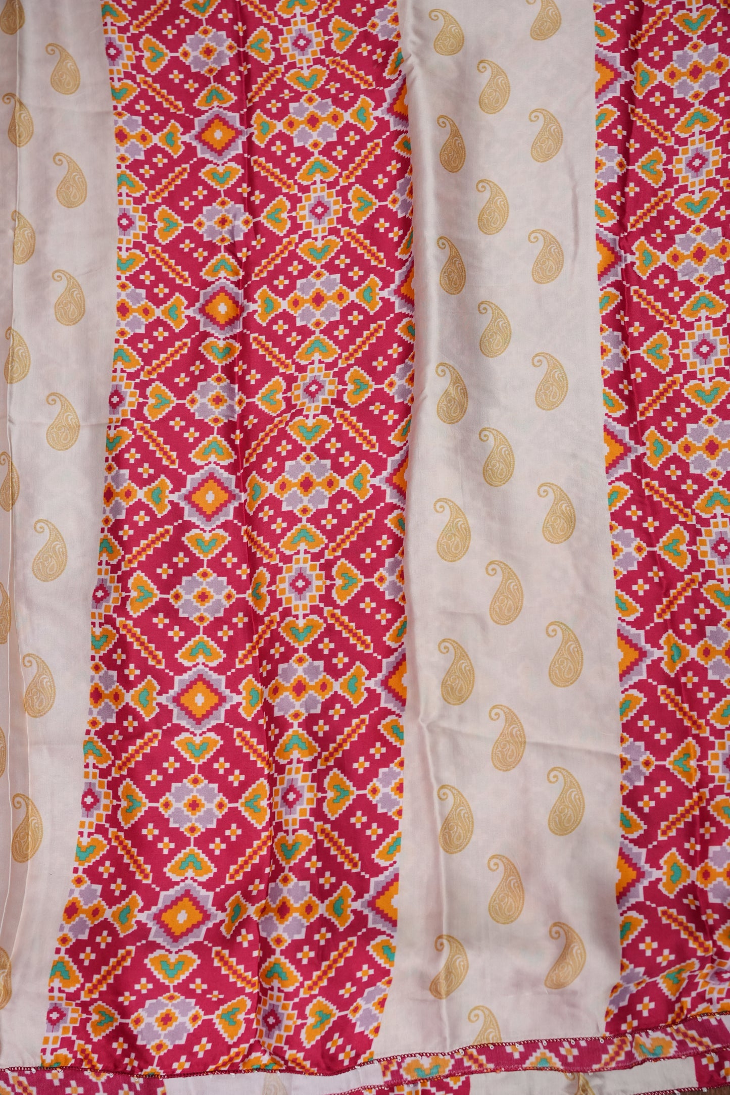 Gajji Silk Saree with Ivory Panels & Raspberry Pink Patola Prints