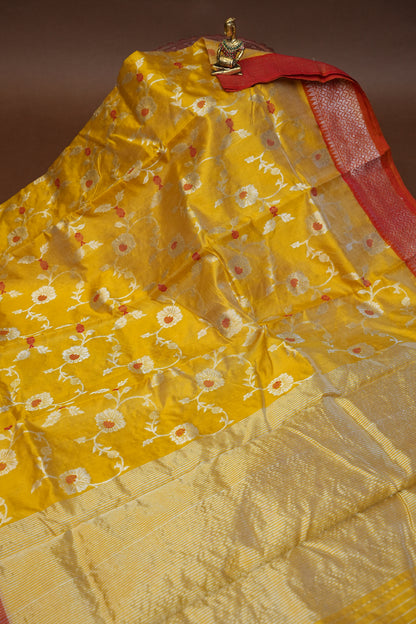 Pure Chanderi Silk Saree with Floral Zari Motifs & Tissue Border - Mustard Yellow