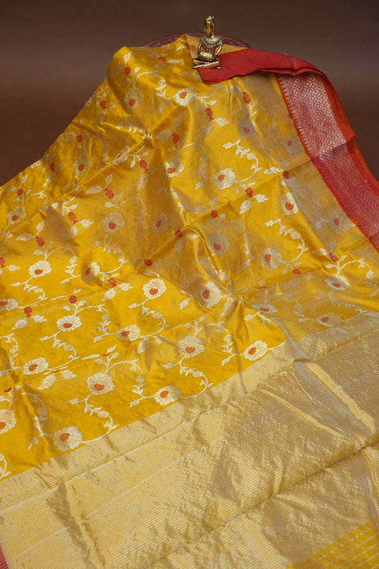Pure Chanderi Silk Saree with Floral Zari Motifs & Tissue Border - Mustard Yellow
