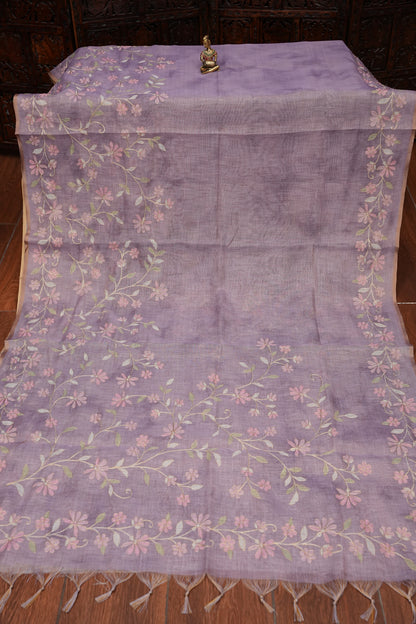 Embroidered Jute Linen Saree - Lilac