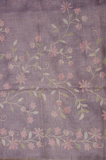 Embroidered Jute Linen Saree - Lilac