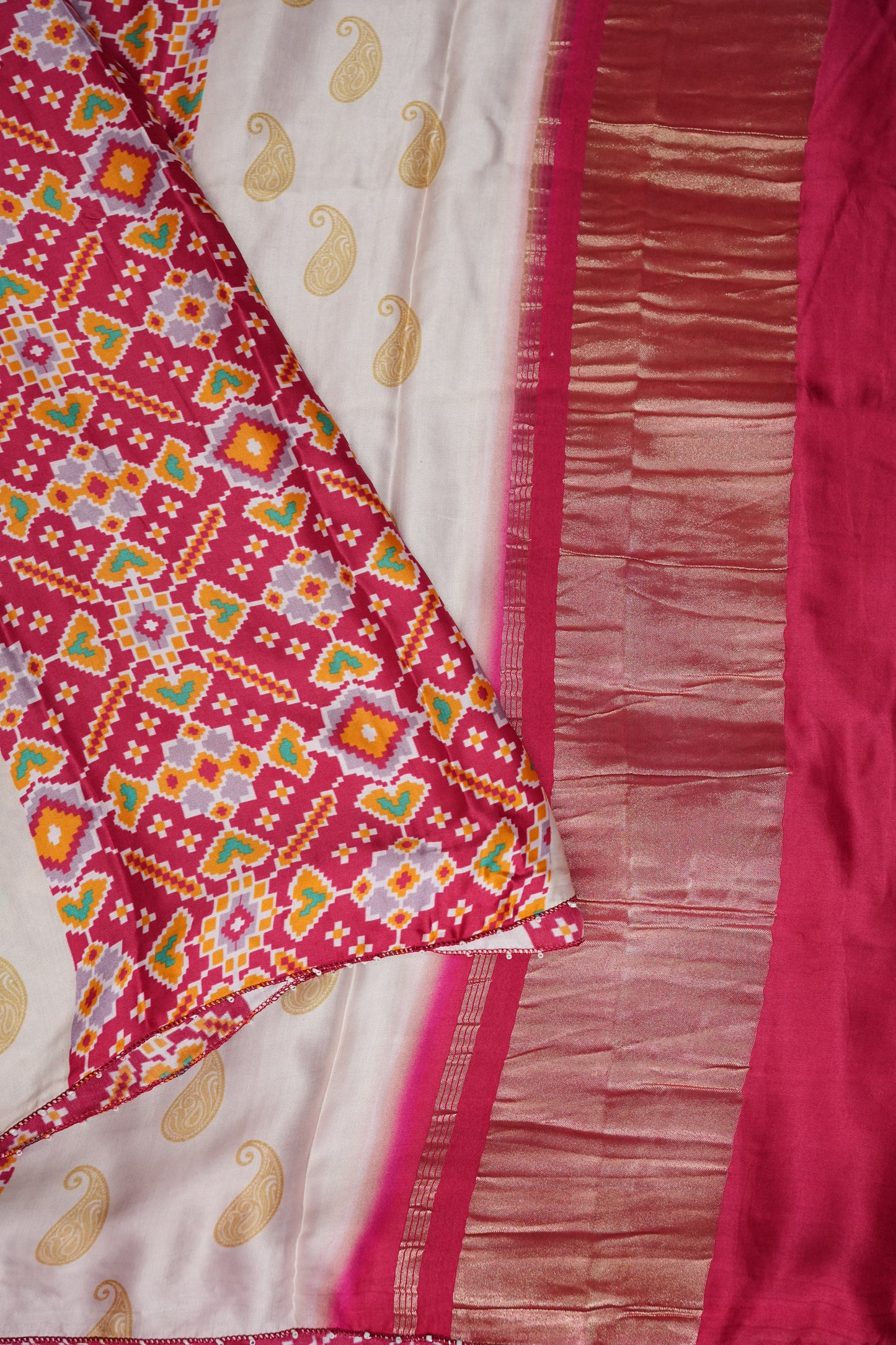 Gajji Silk Saree with Ivory Panels & Raspberry Pink Patola Prints