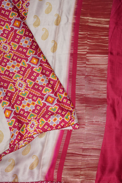 Gajji Silk Saree with Ivory Panels & Raspberry Pink Patola Prints