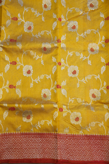 Pure Chanderi Silk Saree with Floral Zari Motifs & Tissue Border - Mustard Yellow