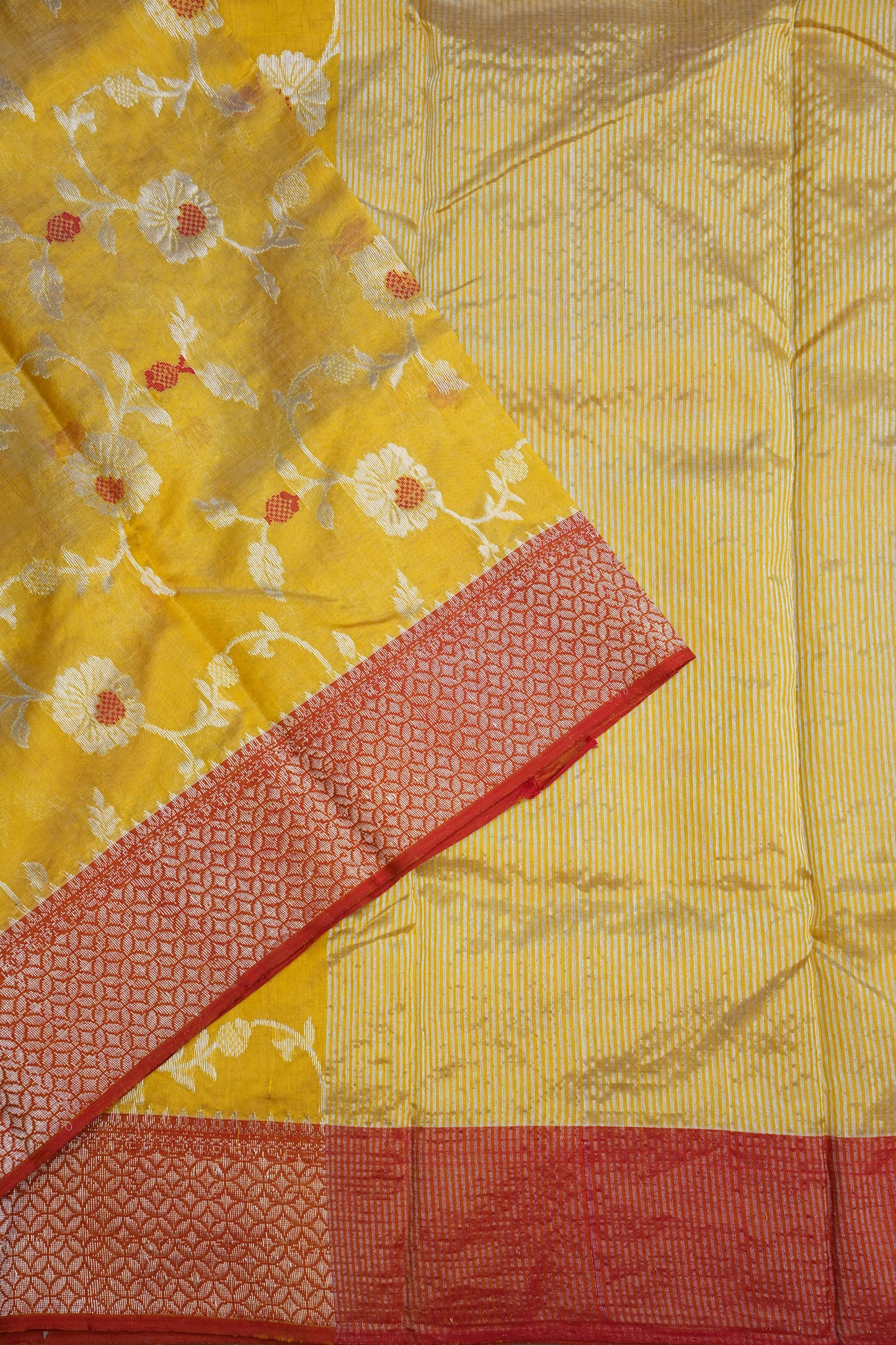 Pure Chanderi Silk Saree with Floral Zari Motifs & Tissue Border - Mustard Yellow