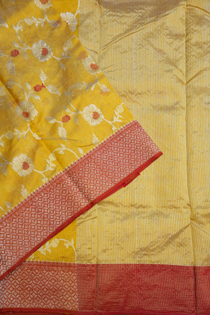 Pure Chanderi Silk Saree with Floral Zari Motifs & Tissue Border - Mustard Yellow
