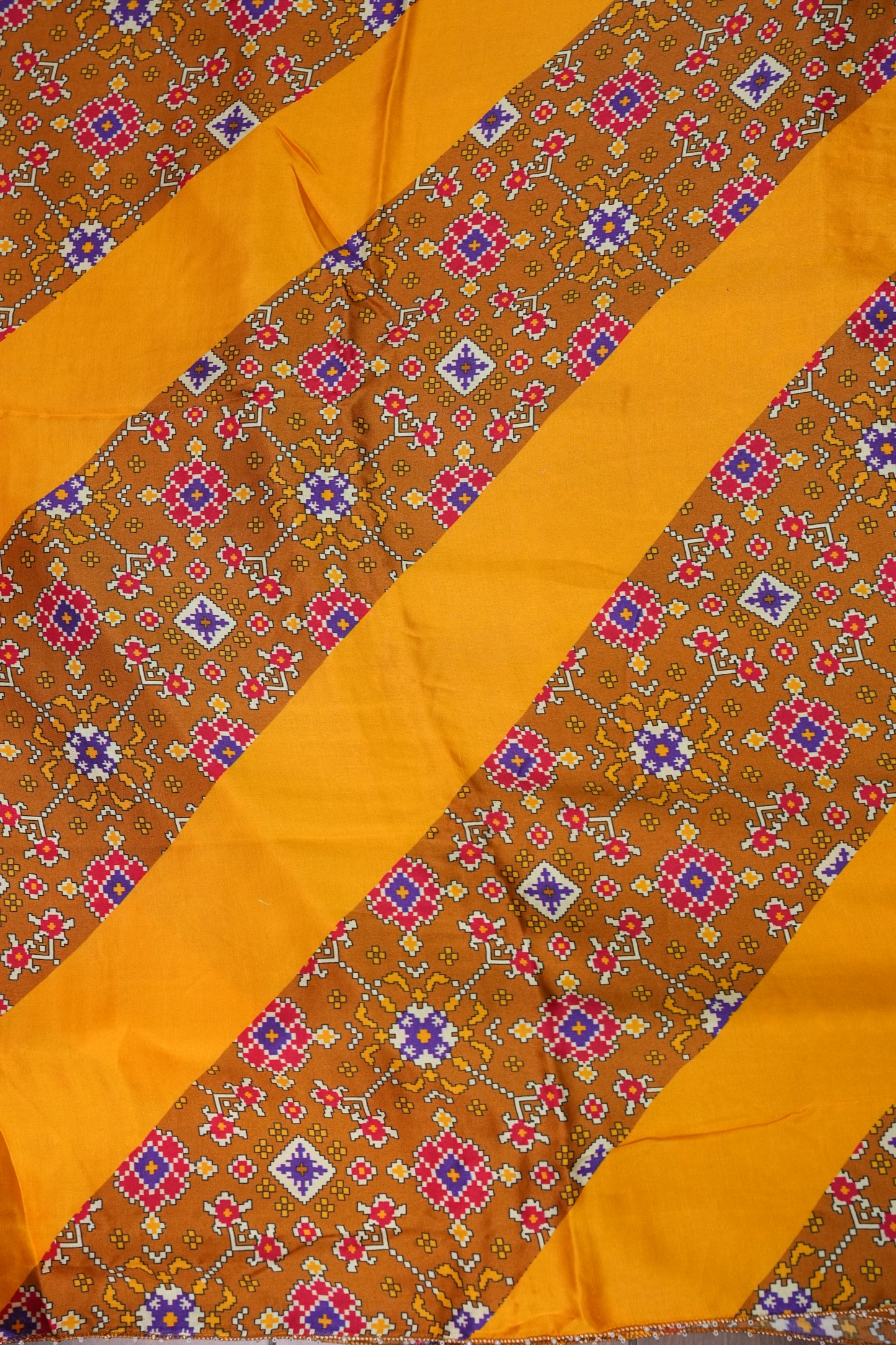 Gajji Silk Saree with Mustard Yellow Panels & Warm Caramel Brown Patola Prints