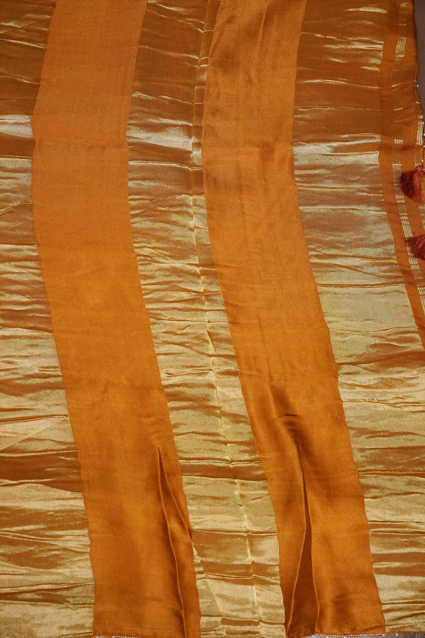 Gajji Silk Saree with Mustard Yellow Panels & Warm Caramel Brown Patola Prints