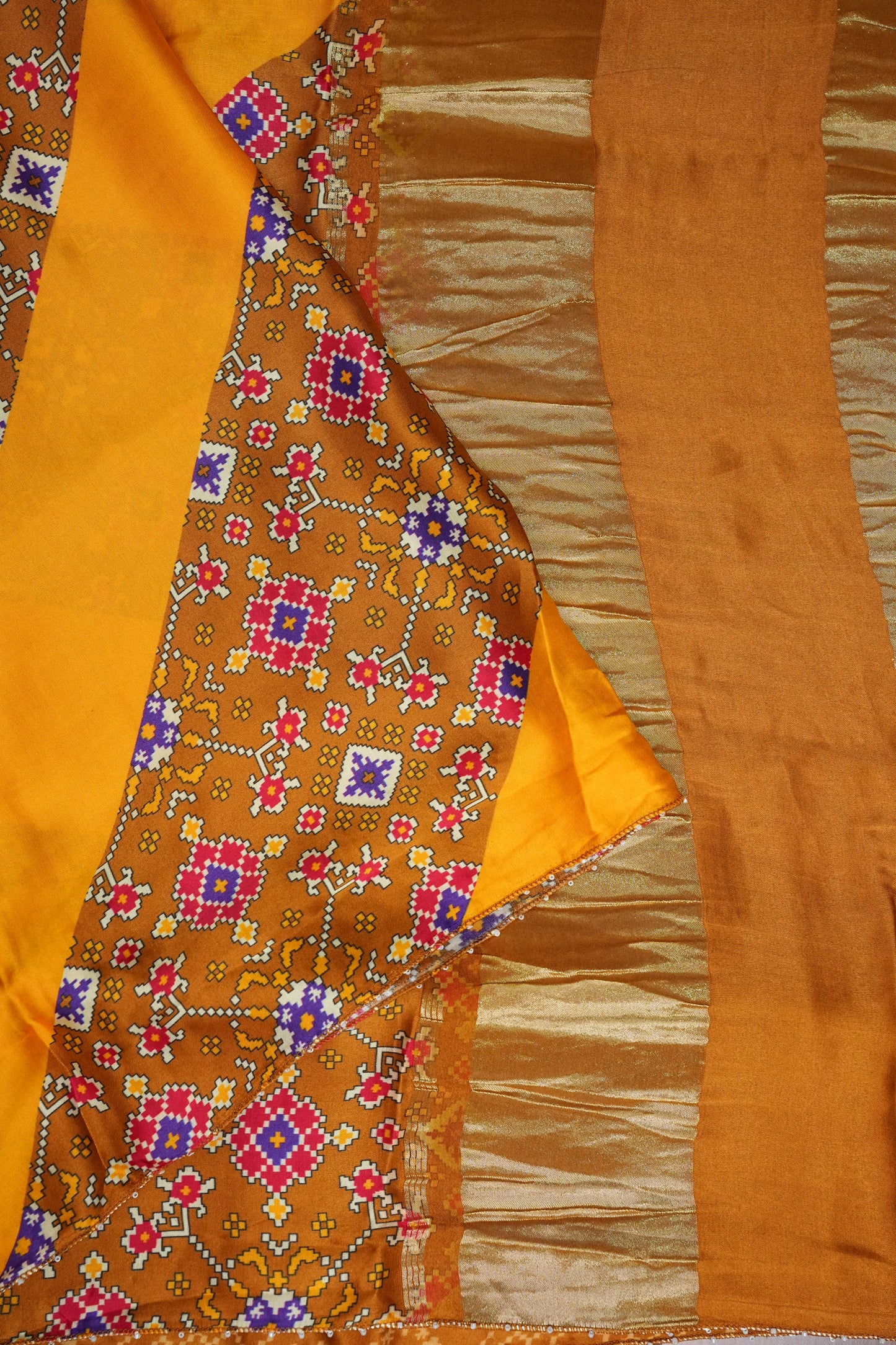 Gajji Silk Saree with Mustard Yellow Panels & Warm Caramel Brown Patola Prints