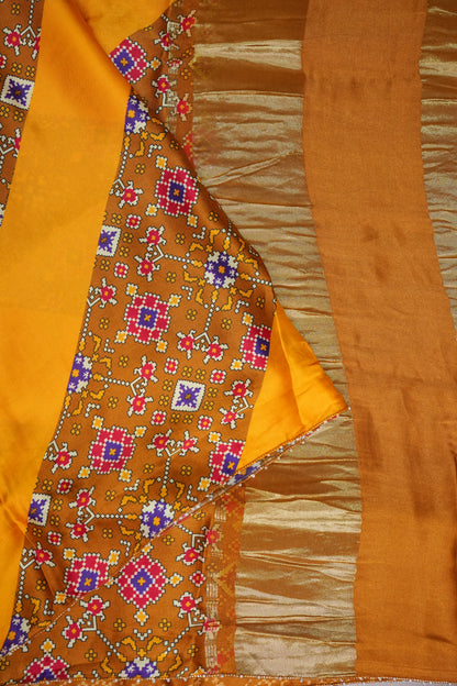 Gajji Silk Saree with Mustard Yellow Panels & Warm Caramel Brown Patola Prints
