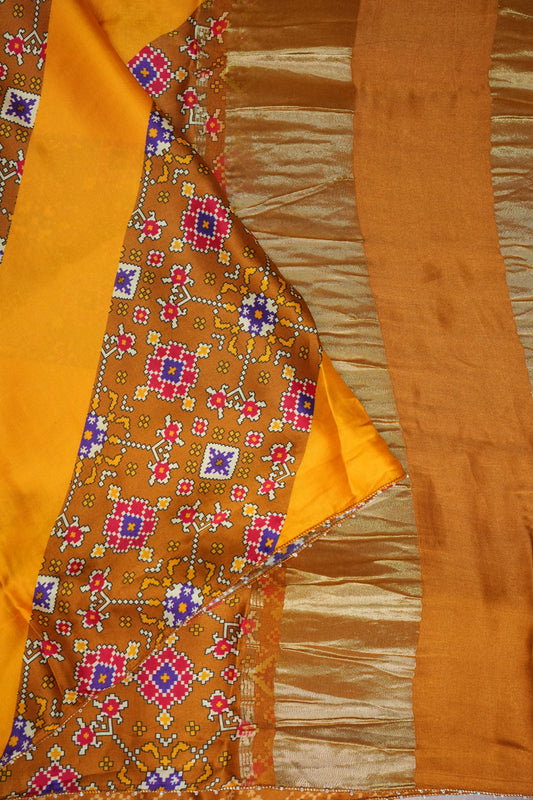 Gajji Silk Saree with Mustard Yellow Panels & Warm Caramel Brown Patola Prints