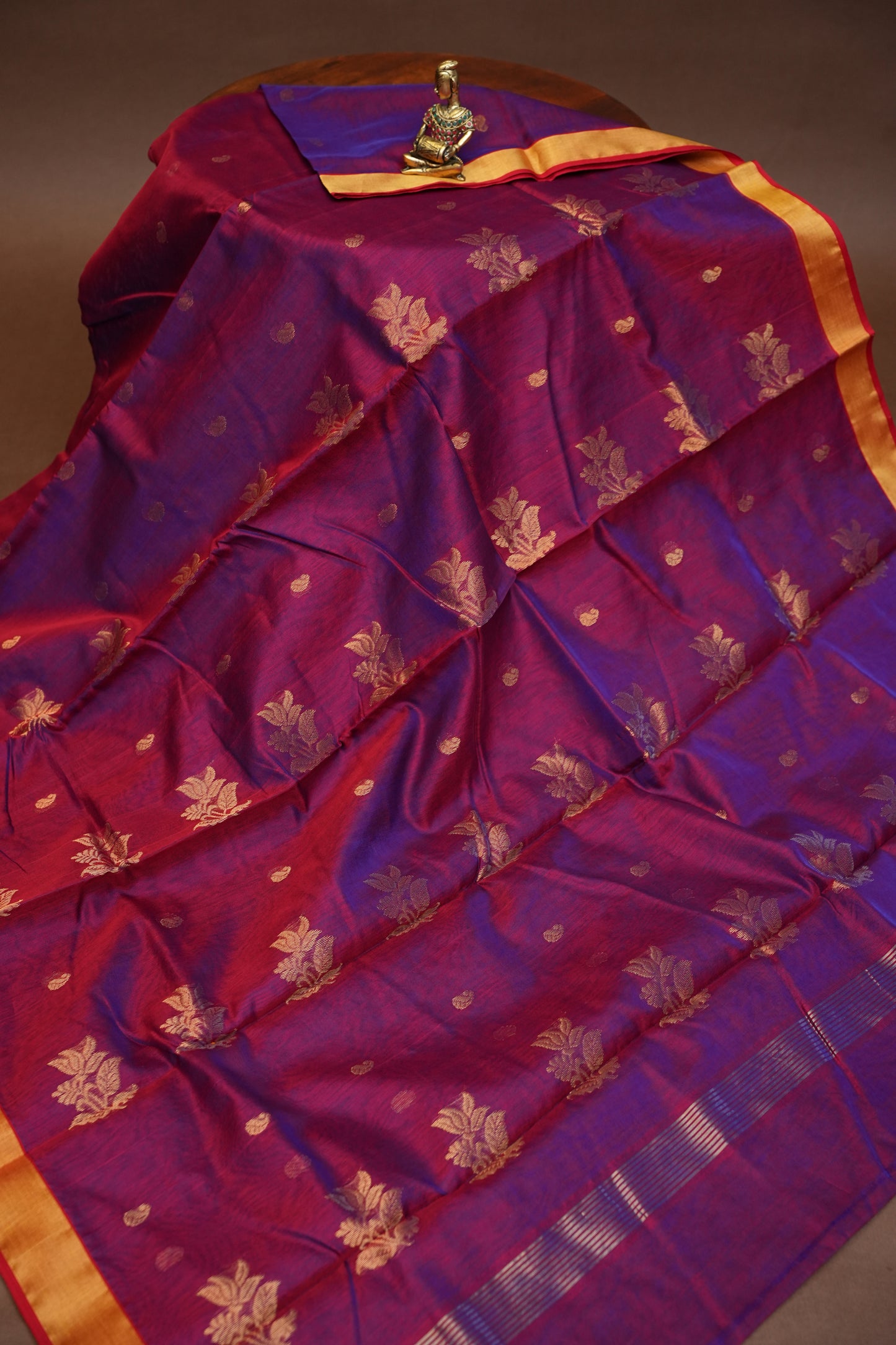 Pure Chanderi Silk Saree with Zari Buttas & Tissue Border - Dark Pink & Purple