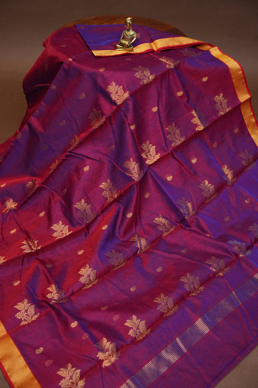Pure Chanderi Silk Saree with Zari Buttas & Tissue Border - Dark Pink & Purple