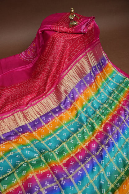 Hot Pink Gajji Silk Saree with Multicoloured Bandhani Pallu