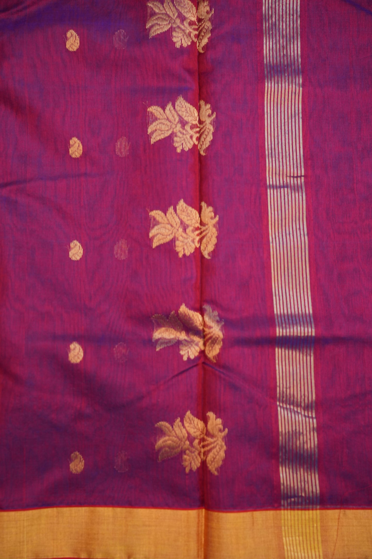 Pure Chanderi Silk Saree with Zari Buttas & Tissue Border - Dark Pink & Purple