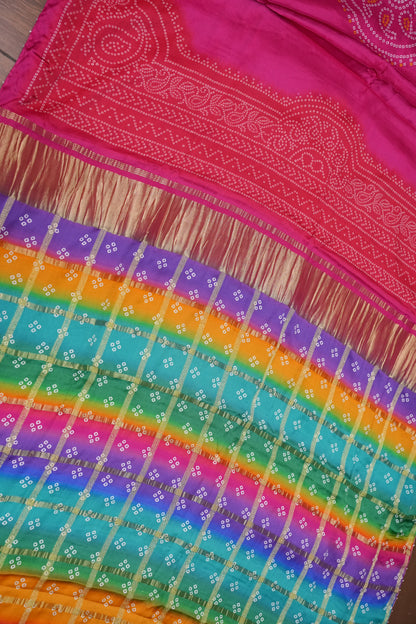 Hot Pink Gajji Silk Saree with Multicoloured Bandhani Pallu