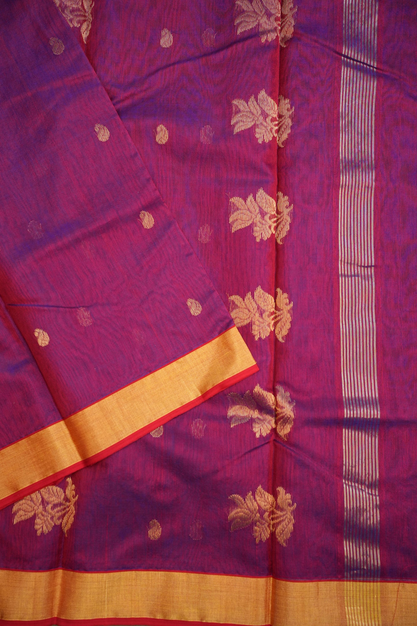 Pure Chanderi Silk Saree with Zari Buttas & Tissue Border - Dark Pink & Purple