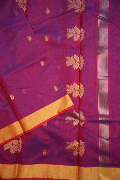 Pure Chanderi Silk Saree with Zari Buttas & Tissue Border - Dark Pink & Purple