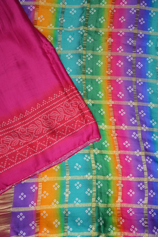 Hot Pink Gajji Silk Saree with Multicoloured Bandhani Pallu