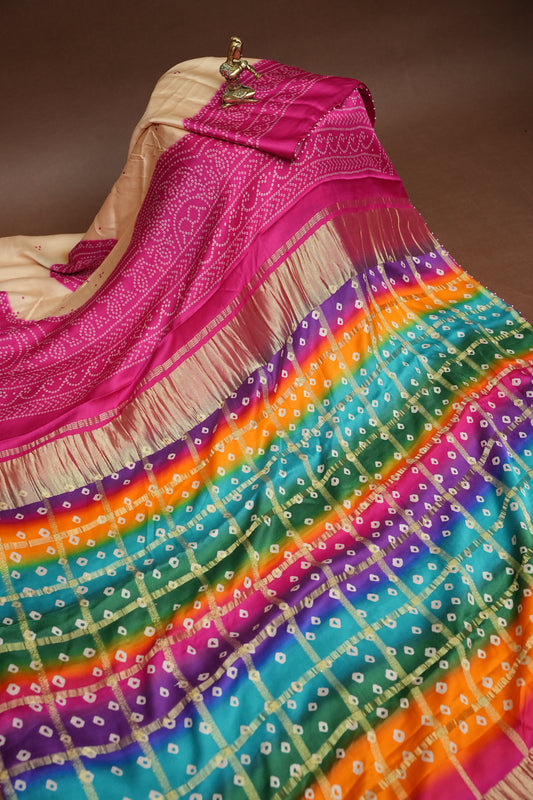 Ivory & Hot Pink Gajji Silk Saree with Multicoloured Bandhani Pallu