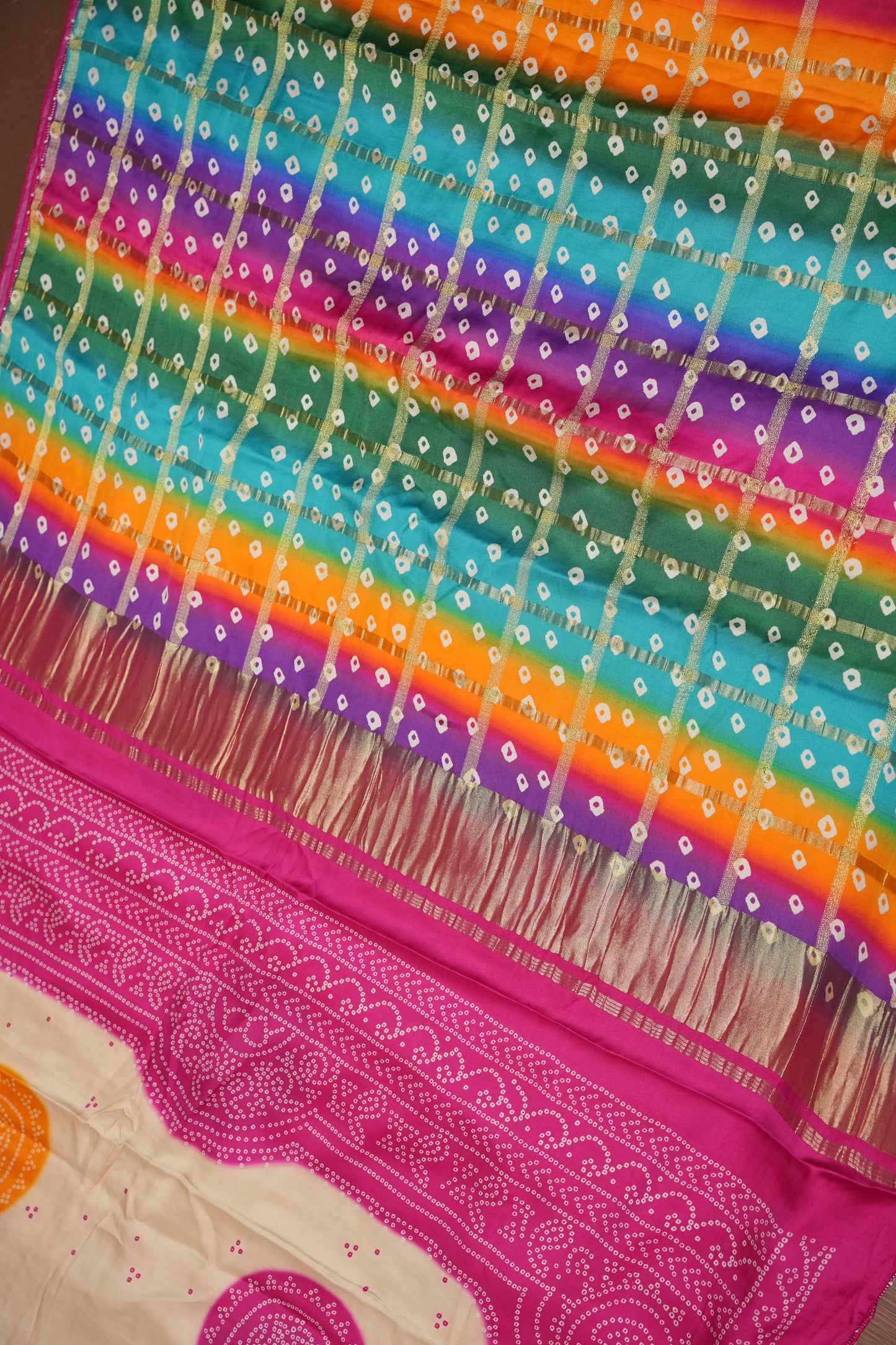 Ivory & Hot Pink Gajji Silk Saree with Multicoloured Bandhani Pallu
