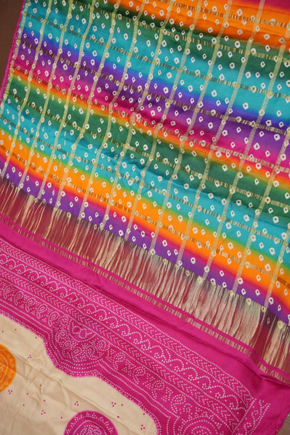Ivory & Hot Pink Gajji Silk Saree with Multicoloured Bandhani Pallu