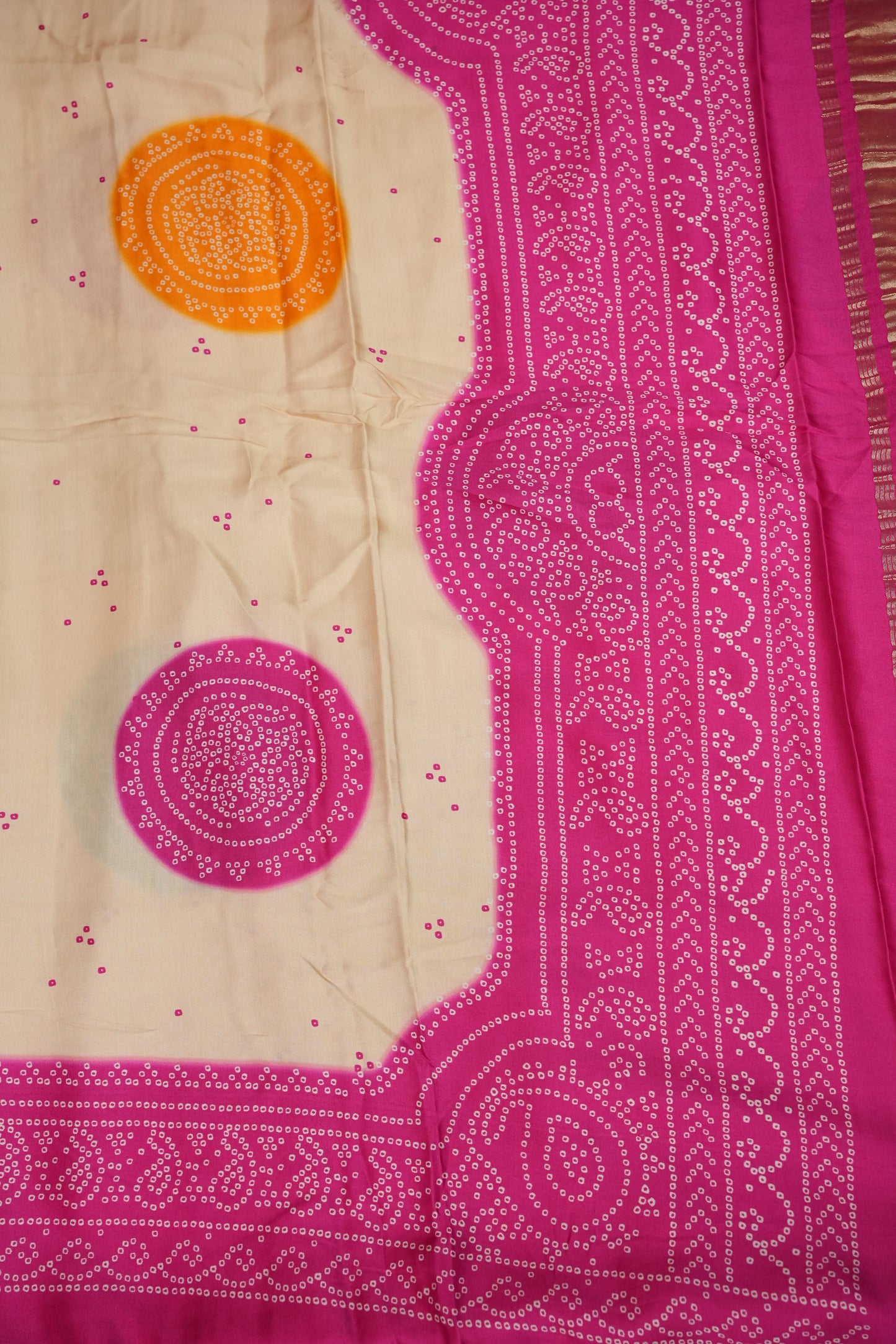 Ivory & Hot Pink Gajji Silk Saree with Multicoloured Bandhani Pallu