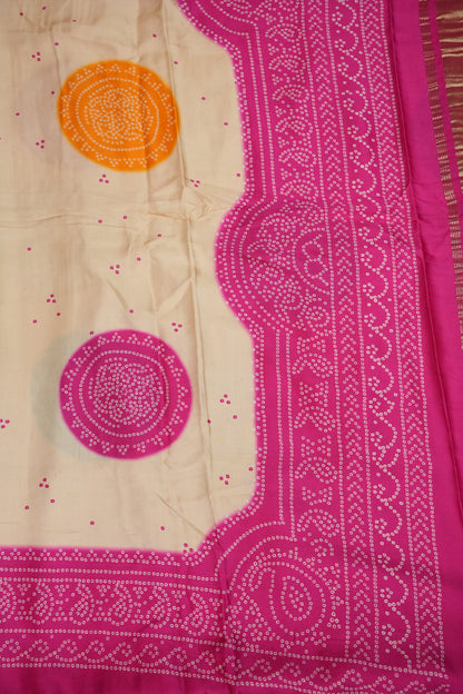 Ivory & Hot Pink Gajji Silk Saree with Multicoloured Bandhani Pallu