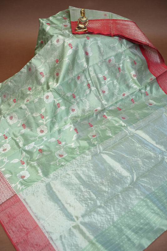 Pure Chanderi Silk Saree with Zari Buttas & Tissue Border - Sea Green