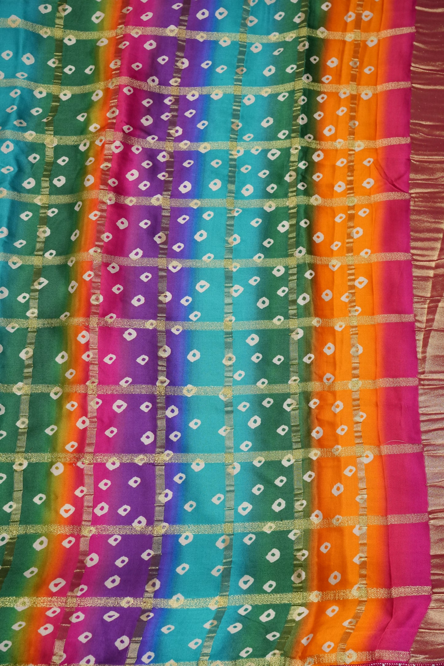 Ivory & Hot Pink Gajji Silk Saree with Multicoloured Bandhani Pallu