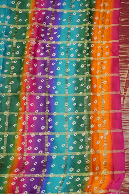 Ivory & Hot Pink Gajji Silk Saree with Multicoloured Bandhani Pallu