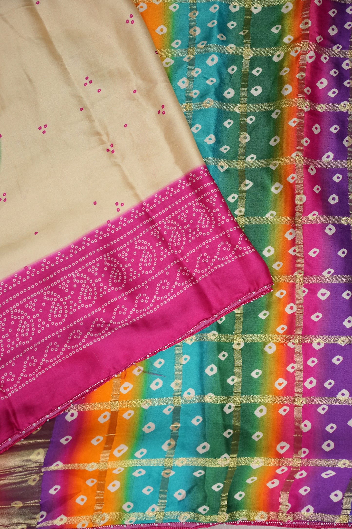 Ivory & Hot Pink Gajji Silk Saree with Multicoloured Bandhani Pallu