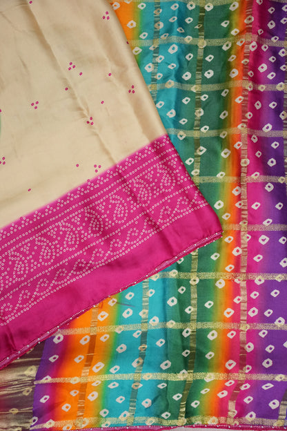 Ivory & Hot Pink Gajji Silk Saree with Multicoloured Bandhani Pallu