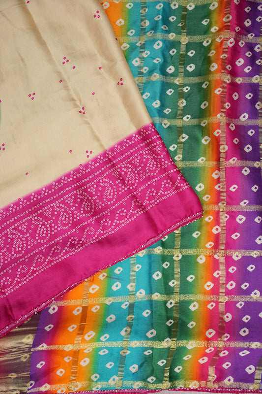 Ivory & Hot Pink Gajji Silk Saree with Multicoloured Bandhani Pallu