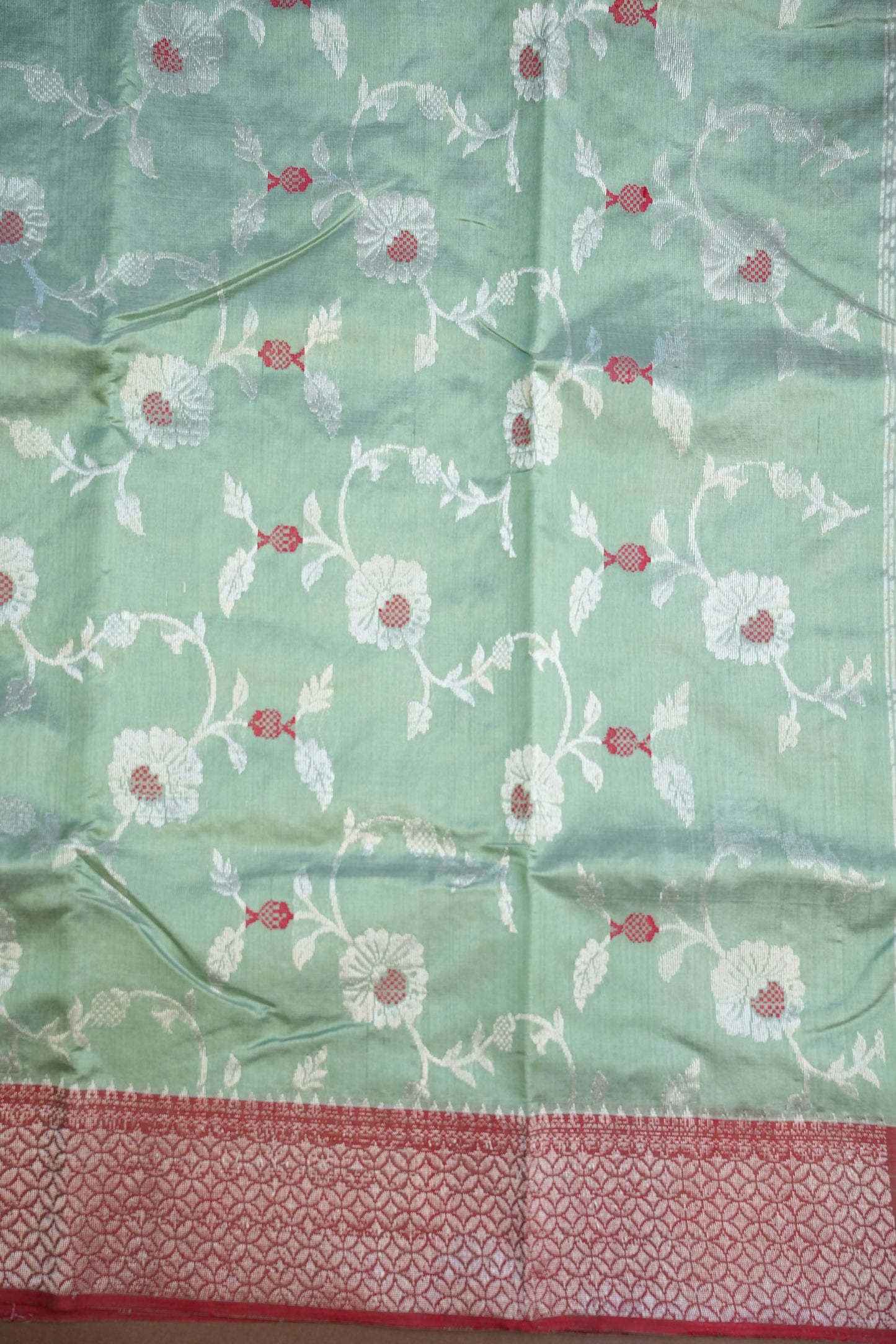 Pure Chanderi Silk Saree with Zari Buttas & Tissue Border - Sea Green