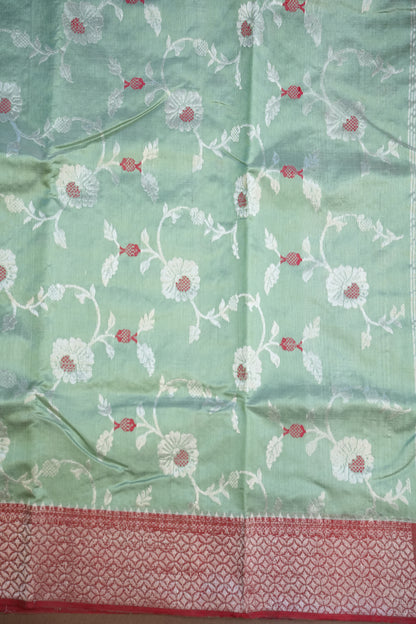 Pure Chanderi Silk Saree with Zari Buttas & Tissue Border - Sea Green
