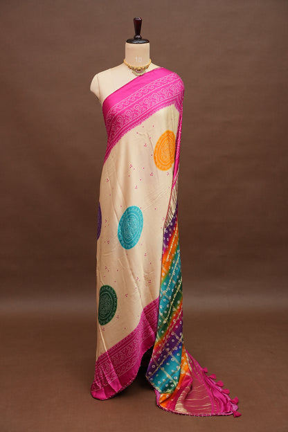 Ivory & Hot Pink Gajji Silk Saree with Multicoloured Bandhani Pallu