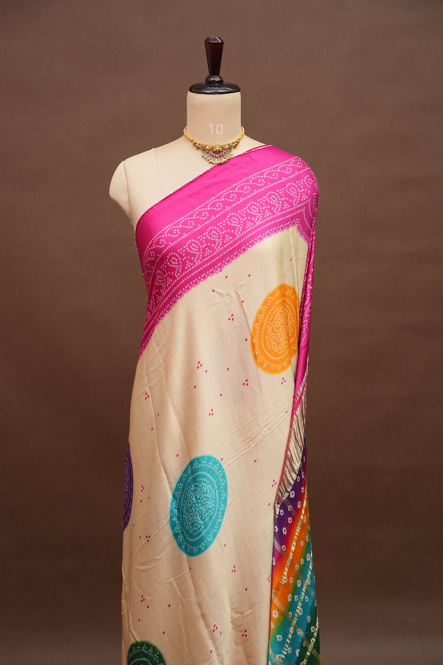 Ivory & Hot Pink Gajji Silk Saree with Multicoloured Bandhani Pallu