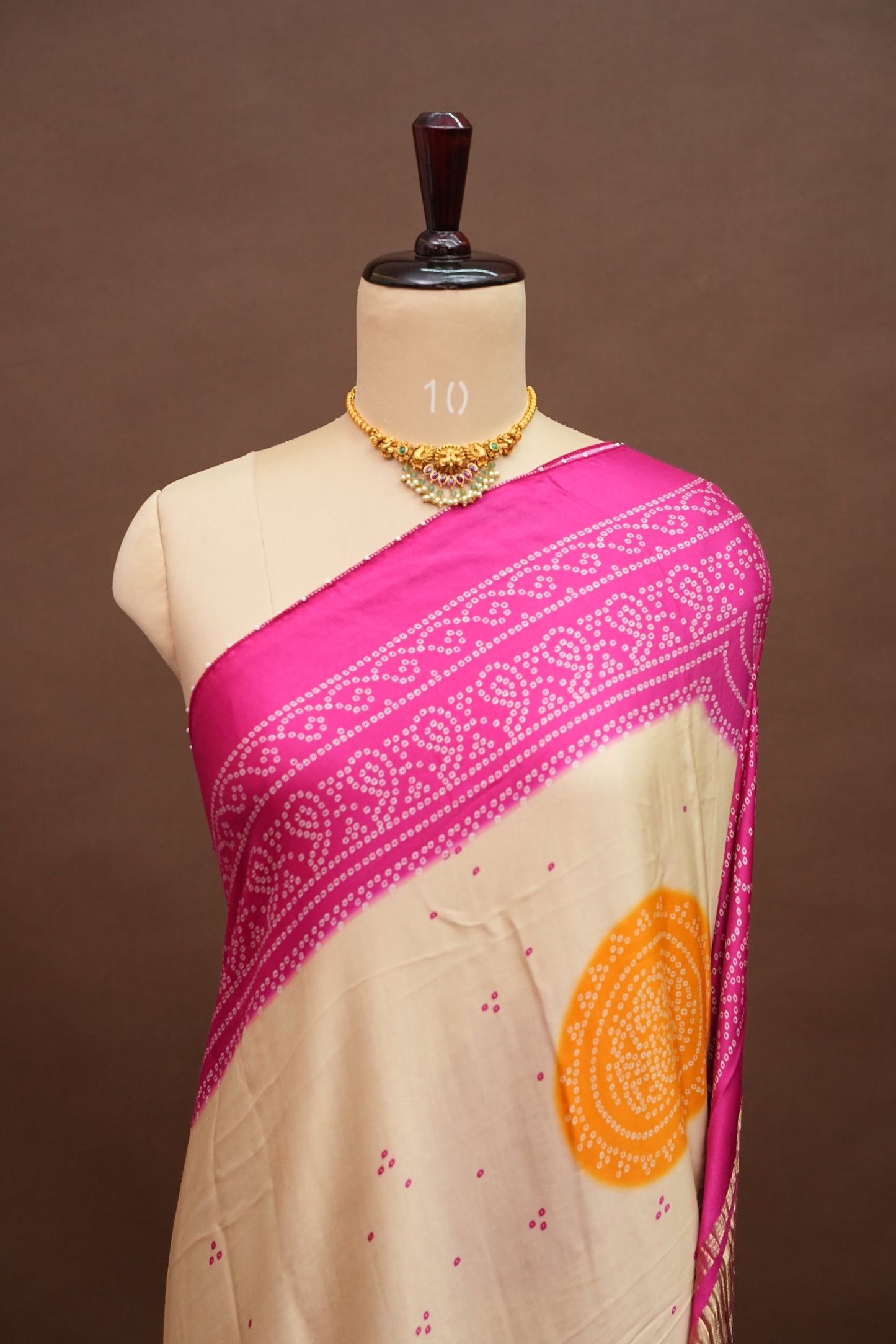 Ivory & Hot Pink Gajji Silk Saree with Multicoloured Bandhani Pallu
