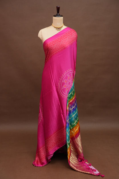 Hot Pink Gajji Silk Saree with Multicoloured Bandhani Pallu