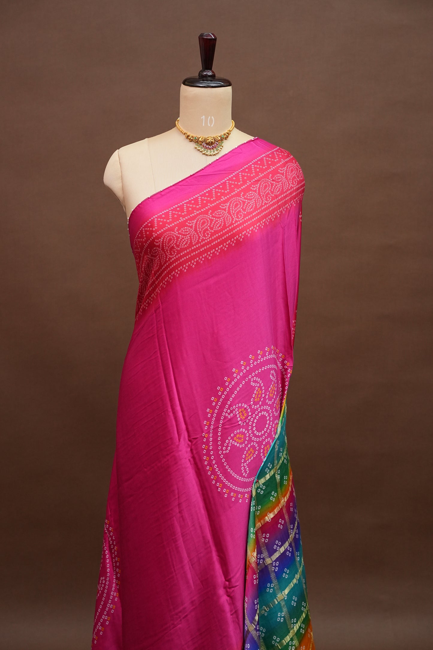 Hot Pink Gajji Silk Saree with Multicoloured Bandhani Pallu