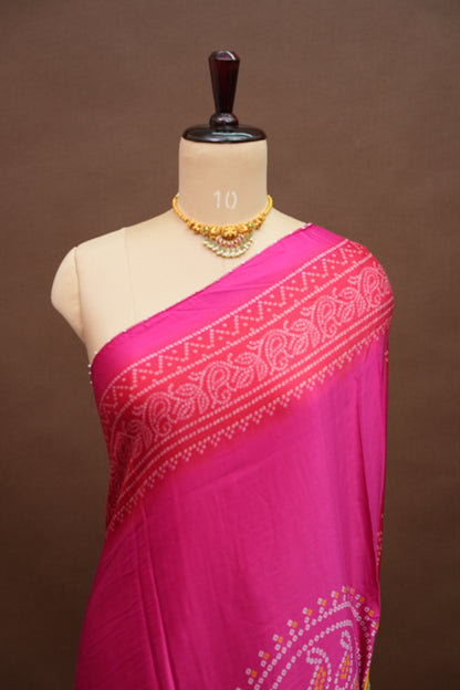 Hot Pink Gajji Silk Saree with Multicoloured Bandhani Pallu
