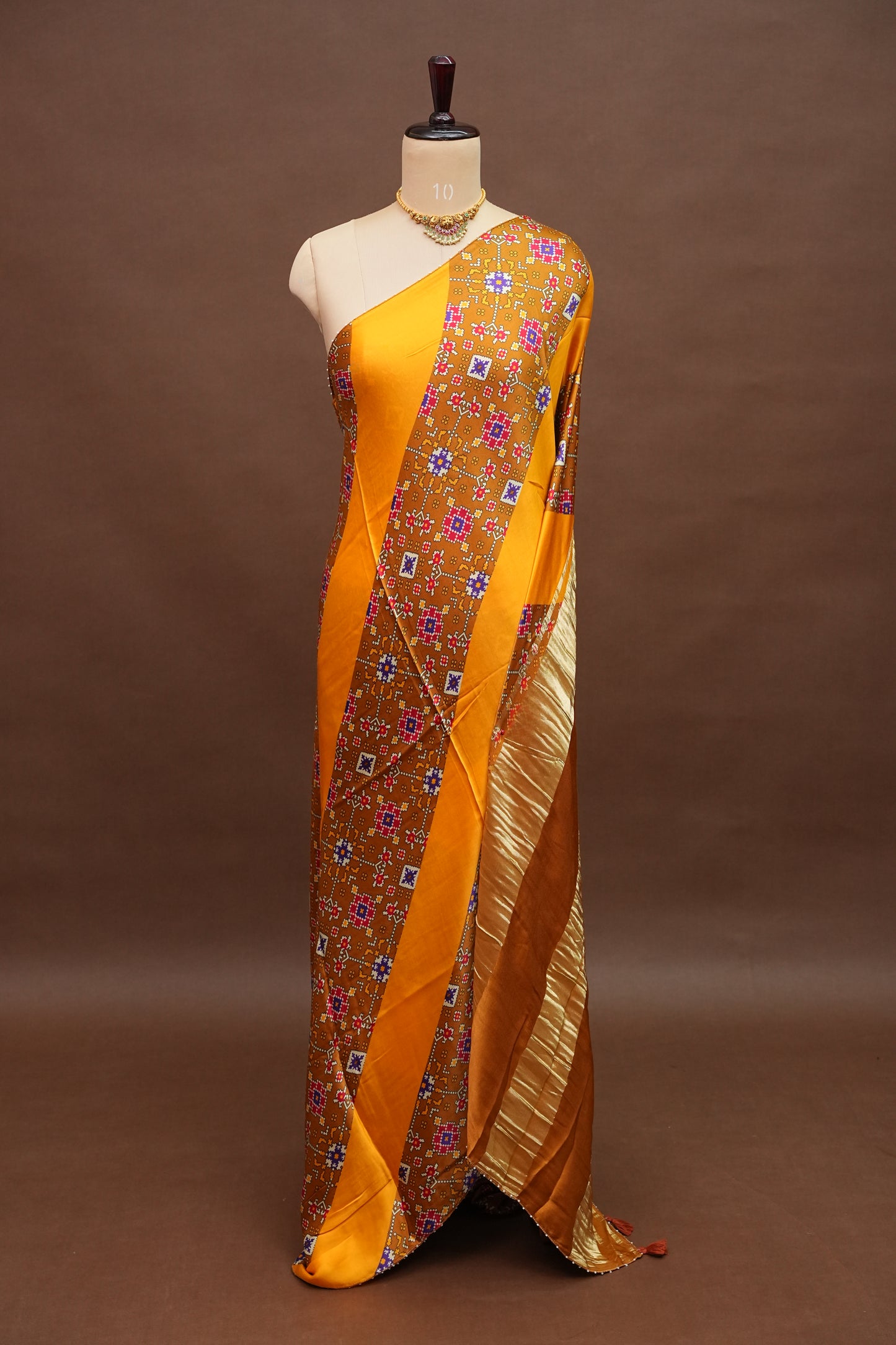 Gajji Silk Saree with Mustard Yellow Panels & Warm Caramel Brown Patola Prints