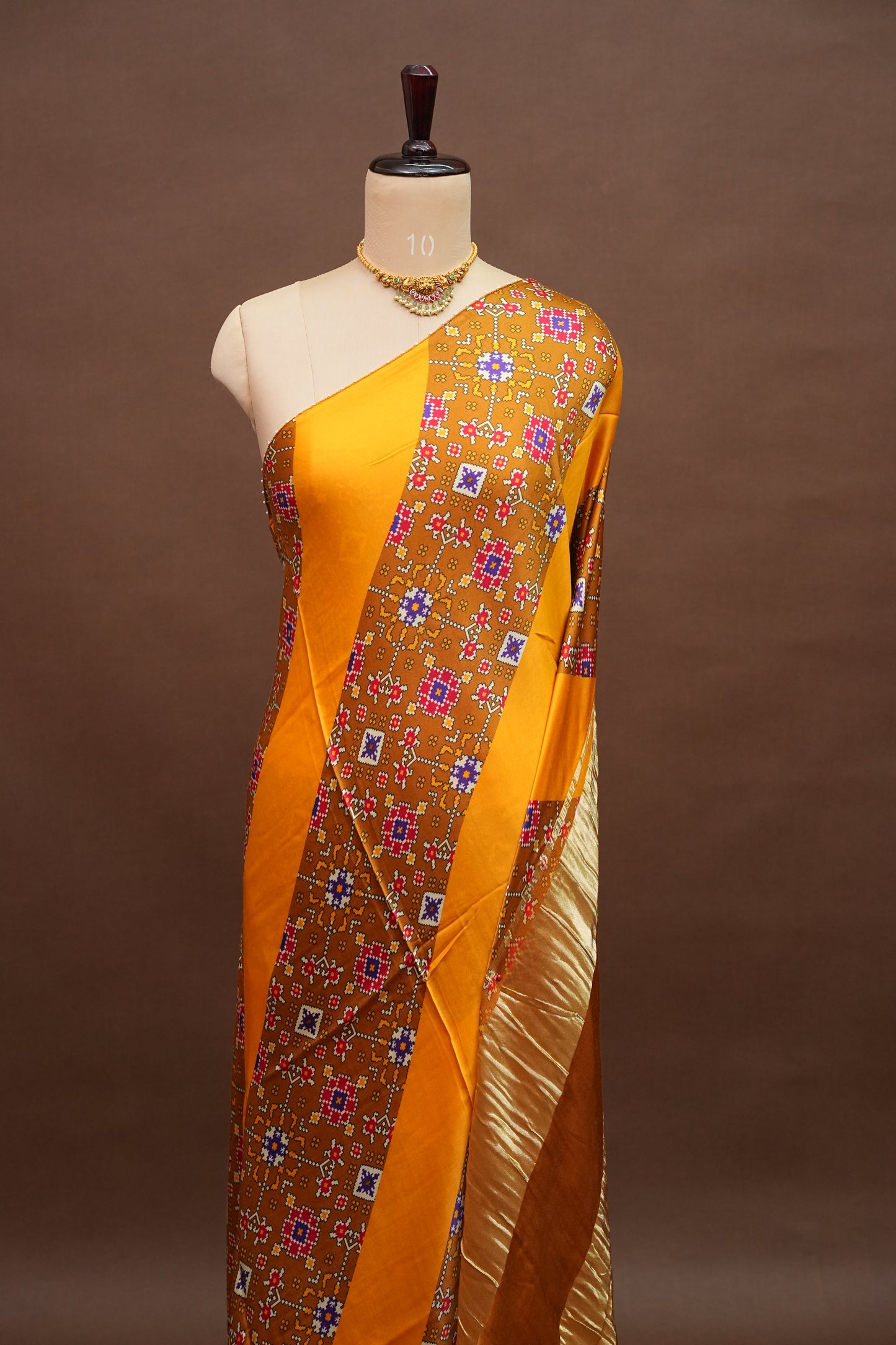 Gajji Silk Saree with Mustard Yellow Panels & Warm Caramel Brown Patola Prints
