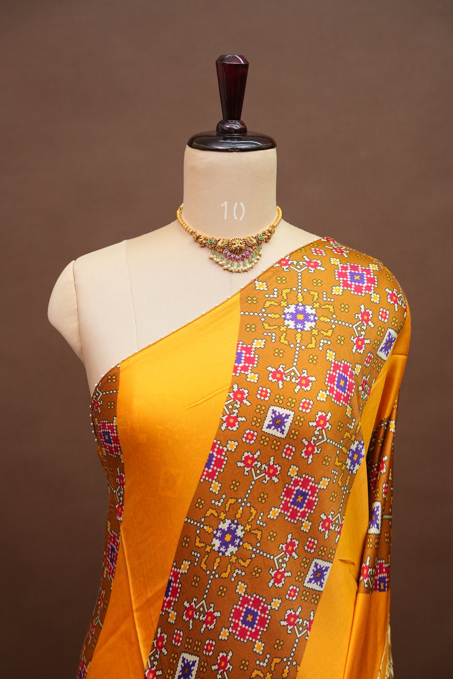 Gajji Silk Saree with Mustard Yellow Panels & Warm Caramel Brown Patola Prints