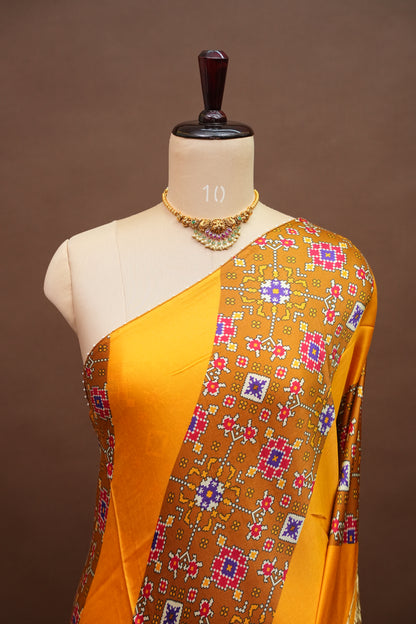Gajji Silk Saree with Mustard Yellow Panels & Warm Caramel Brown Patola Prints