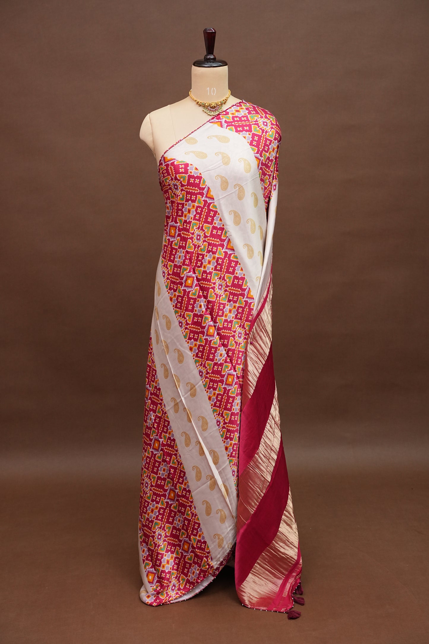 Gajji Silk Saree with Ivory Panels & Raspberry Pink Patola Prints