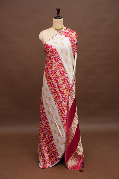 Gajji Silk Saree with Ivory Panels & Raspberry Pink Patola Prints