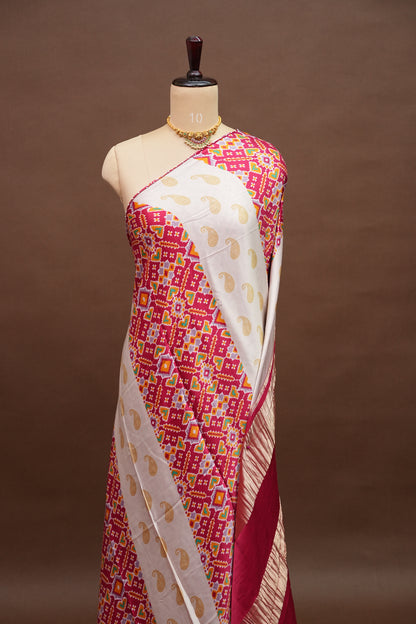 Gajji Silk Saree with Ivory Panels & Raspberry Pink Patola Prints